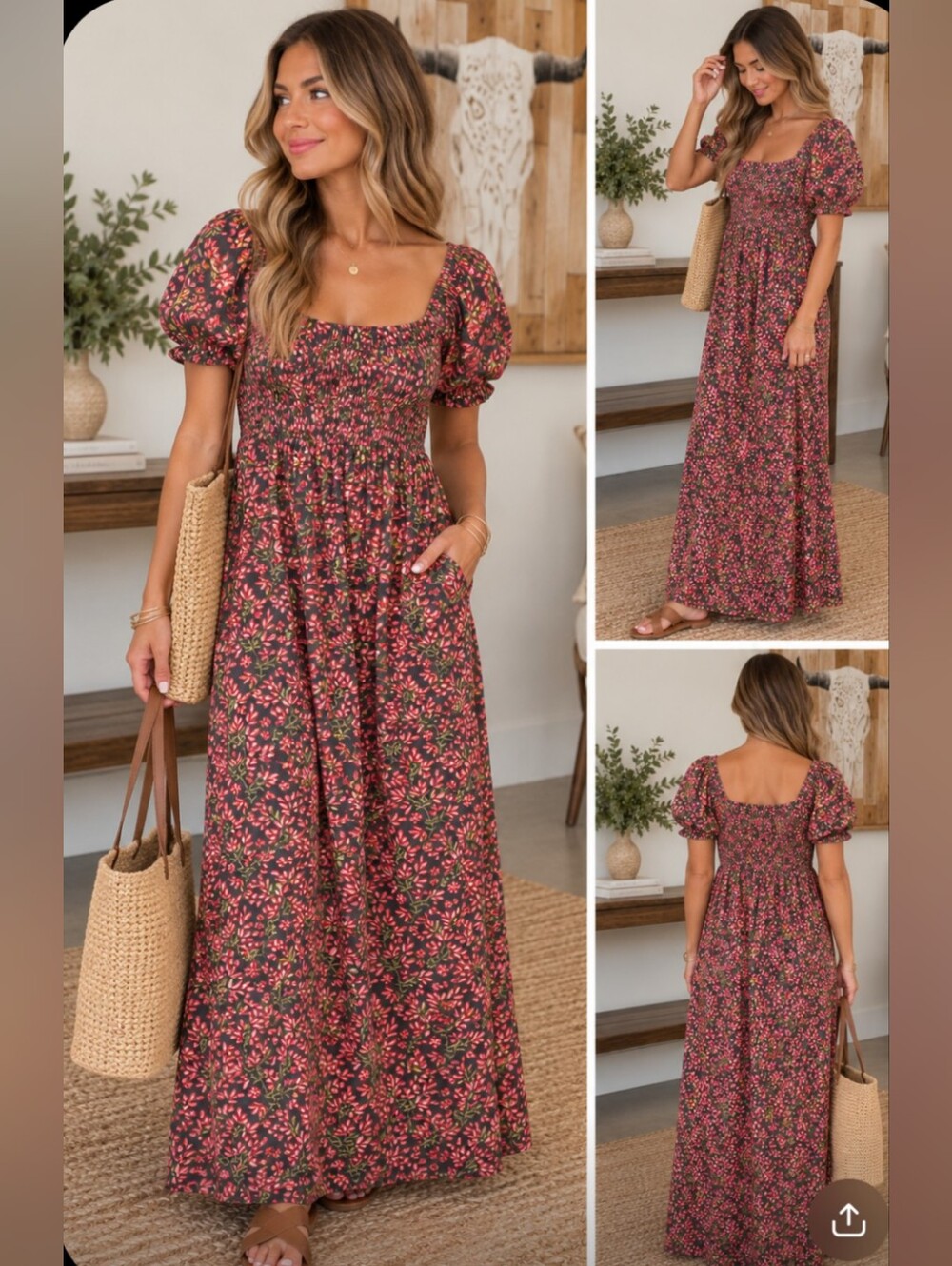 Smocked Square-Neck Maxi Dress in Pink Floral